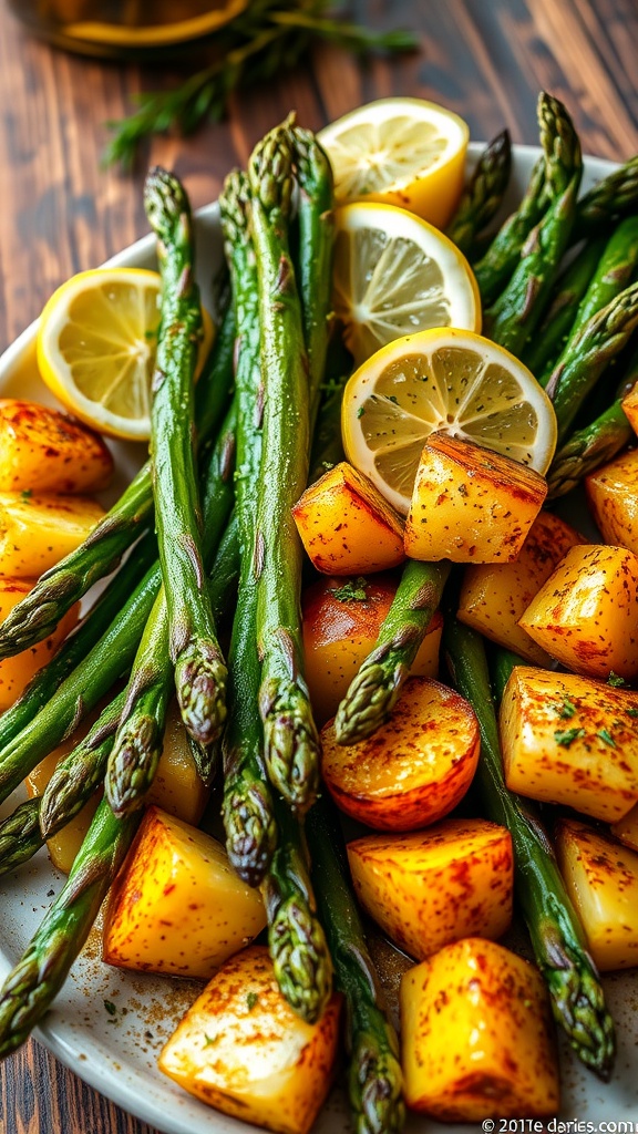 A colorful platter of roasted asparagus and potatoes, garnished with lemon and herbs.